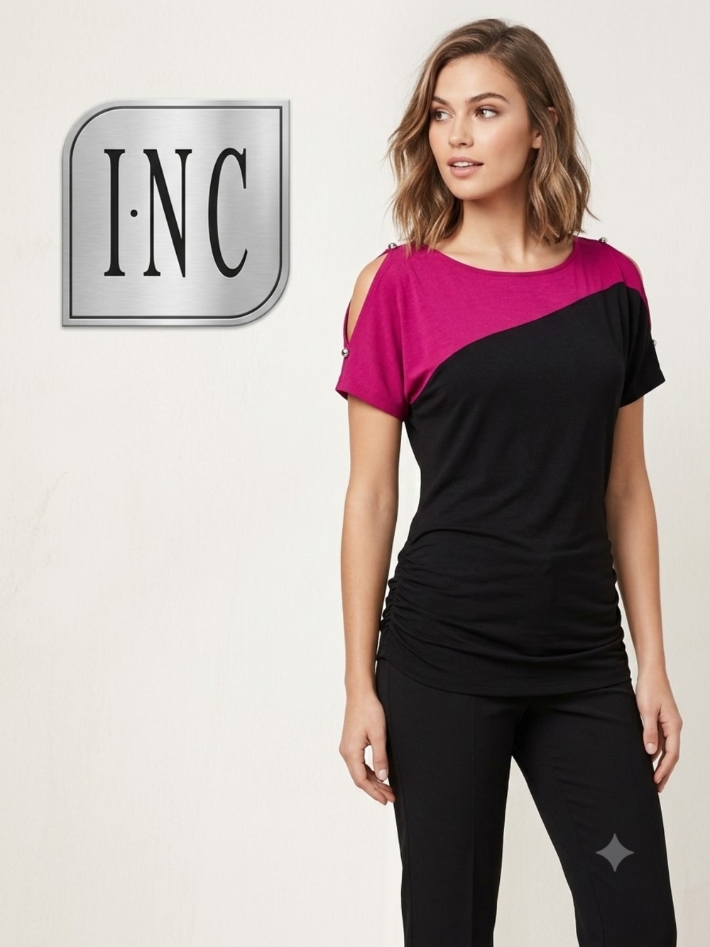 INC International Concepts Fuchsia and Black Cold-Shoulder Colorblock Top
